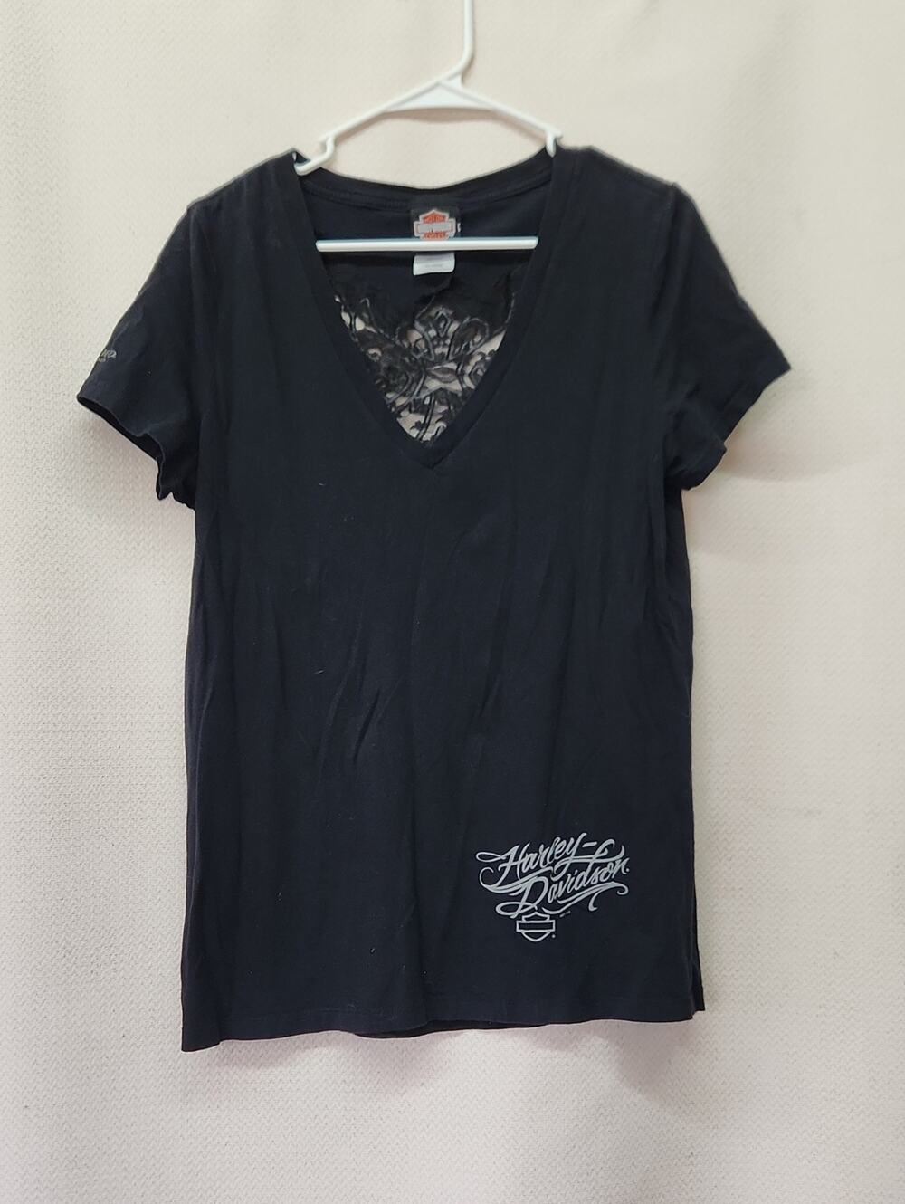 Harley-Davidson Black V-Neck Tee with Lace Back Panel